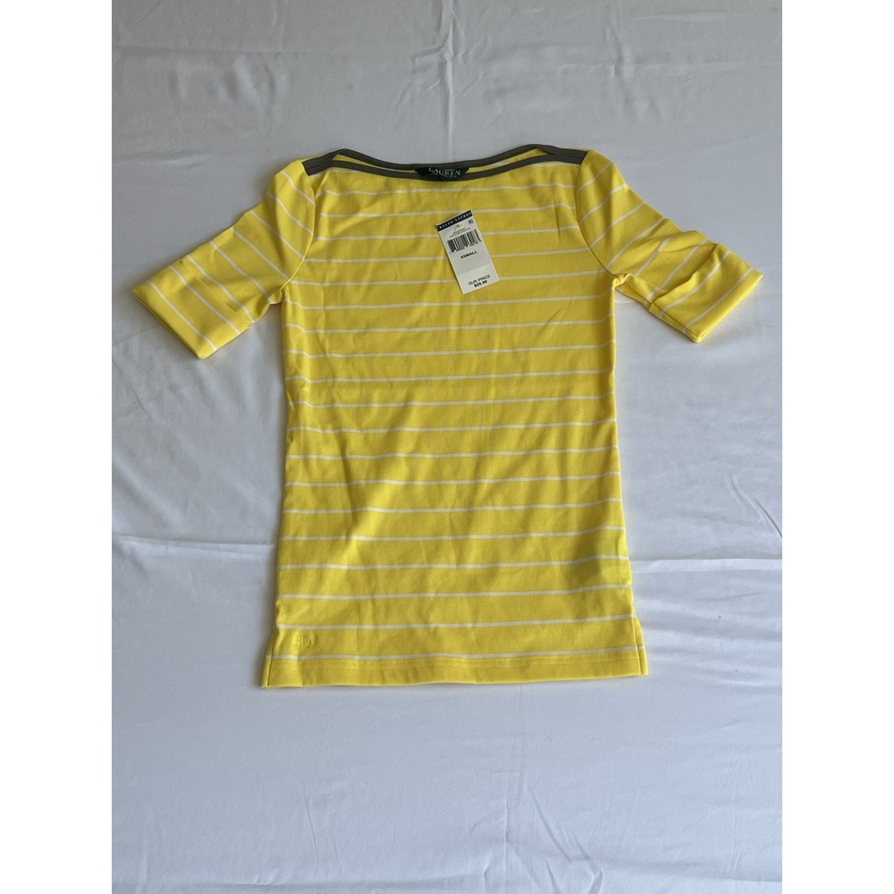 Lauren Ralph Lauren Yellow White Striped Boatneck Top Short Sleeve XS NWT